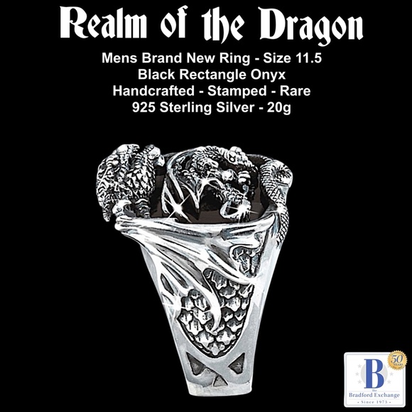 RARE Mens Vtg. Ring .925 Sterling 20gm w/Black Onyx BGE Realm of the Dragon -NEW - Picture 4 of 6